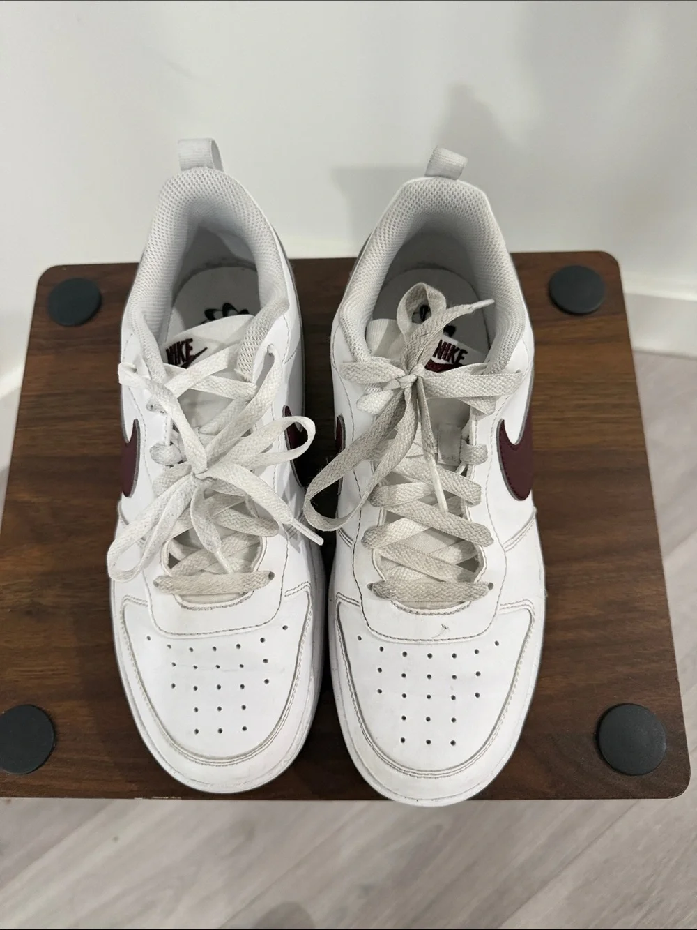 Nike Kids White Sneakers with Maroon Swoosh
